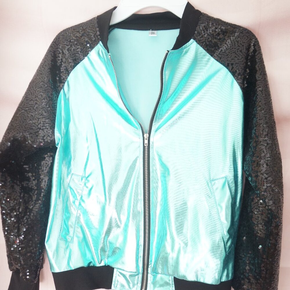 Girls Bomber Jacket Shiny Sequin Long Sleeve Zip Up Jacket